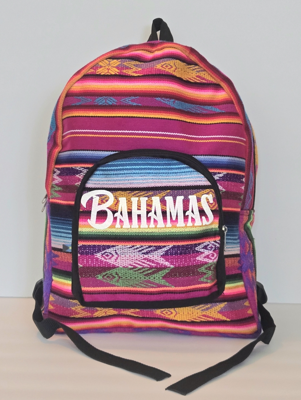 Bahamas Woven Aztec Stripe Daypack Fishes Front Pocket Backpack Souvenir